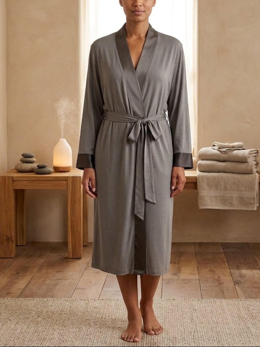 Faceplant Dreams Earl Gray Bamboo Kimono Lounge Wrap Robe Belt Grey Satin Trim